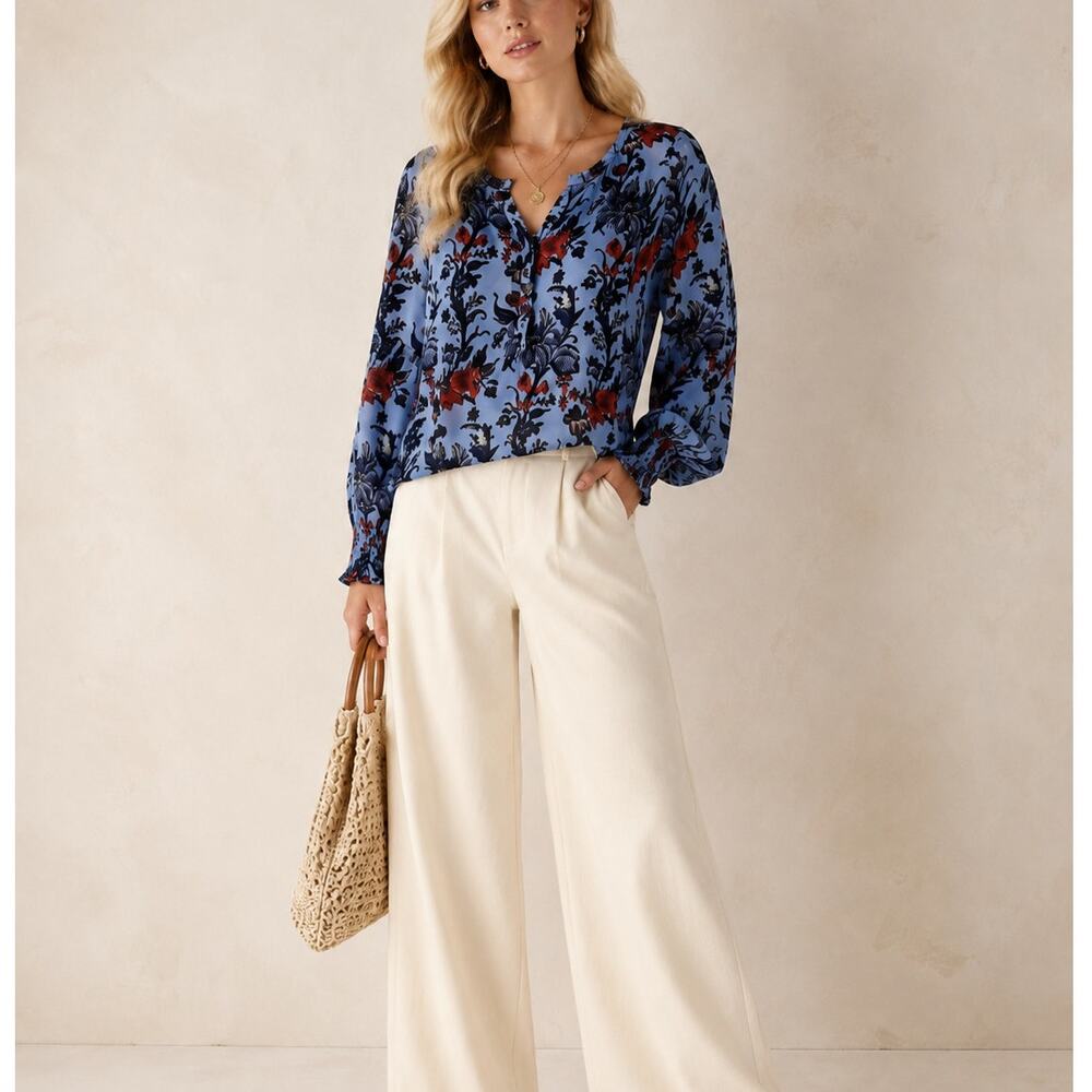Kobi Halperin Blue Red Floral Print Blouse Women S Boho Flowy Shirt Sheer luxury